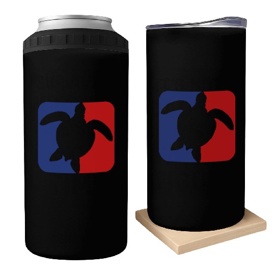 red blue square button sea turtle silhouette outli Can Coolers
