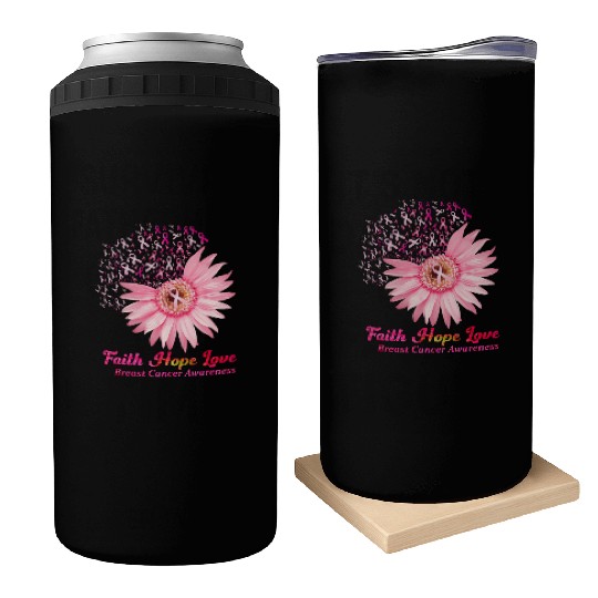 Faith Hope Love Breast Cancer Awareness Flower Pin Can Coolers