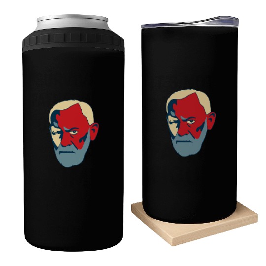Sigmund Freud Portrait - Red and Blue Can Coolers