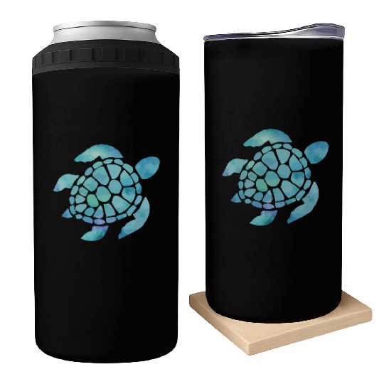 Sea Turtle Watercolor Blue Can Coolers