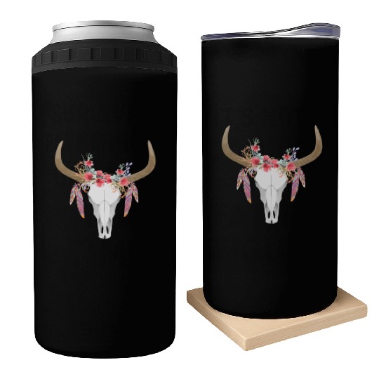 Floral Cow Skull With Feathers Bull Skull Can Coolers