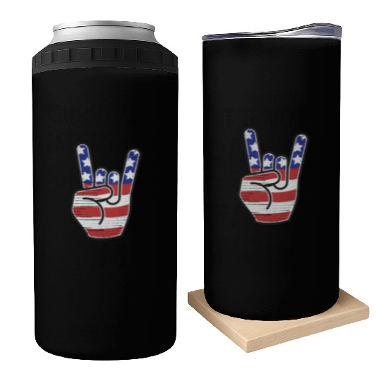Rock n Roll USA Flag Horns Sign Retro Concert Band Can Coolers