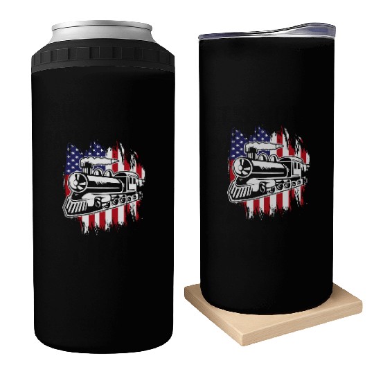 Locomotive Train US Flag 4th Of July Can Coolers