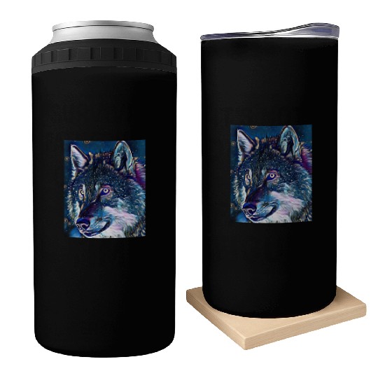 Cut Out Sticker Of Wolf In Midnight Can Coolers