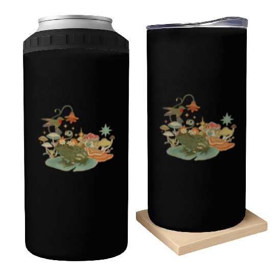 Cottagecore with frog, mushrooms and hummingbird Can Coolers
