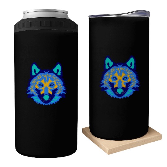 blue wolf face Can Coolers
