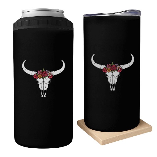 Floral bull skull Can Coolers