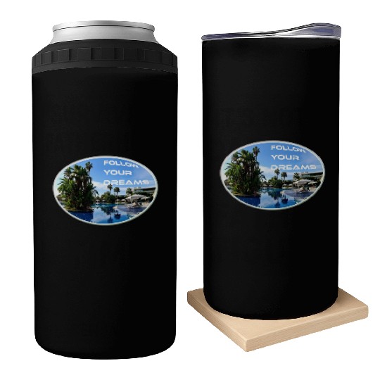 Follow Your Dreams Poolside Scene Palm trees, sun Can Coolers