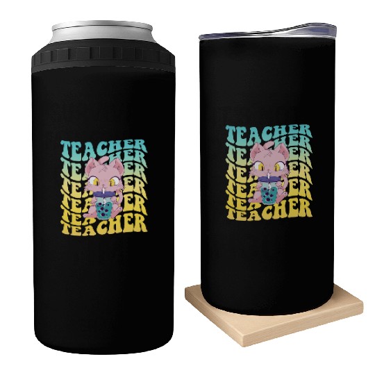 Boba Tea Teacher Kawaii Cat Groovy Back To School Can Coolers