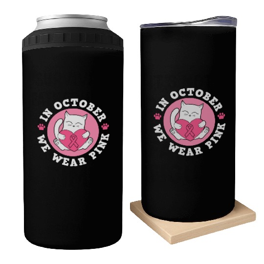 In October We Wear Pink Breast Cancer Warrior Cat Can Coolers