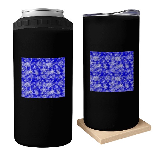 Navy Blue White Snowflakes Pattern Can Coolers
