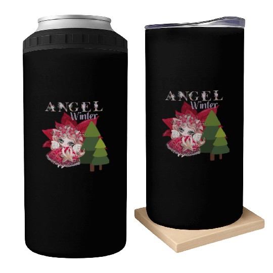 Winter Angel Christmas Tree Poinsettia Can Coolers