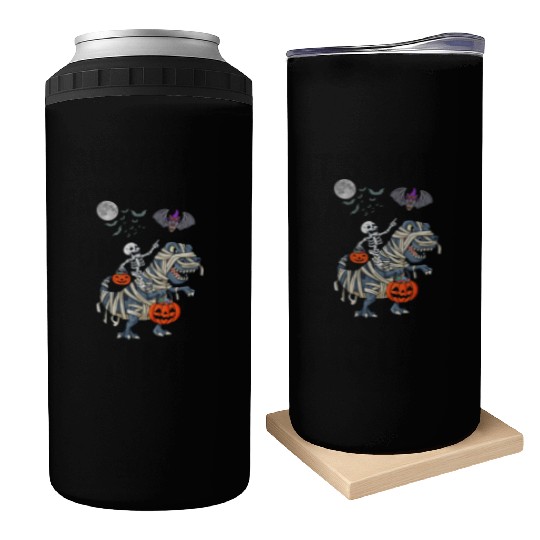 Funny Skeleton Riding Mummy dinosaur Halloween Can Coolers