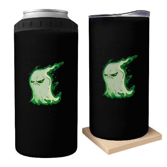 Grumpy Green Spirit Ghost On Halloween Can Coolers