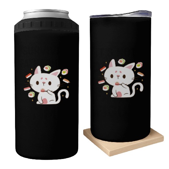 Kawaii Cat Eating Sushi Japanese Raw Food Can Coolers
