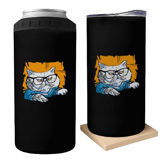 Stylish Nerd Persian Cat Beanie Glasses Tattoo Can Coolers