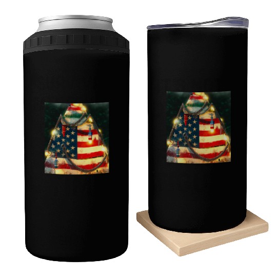 Patriotic Christmas Christmas Tree US Flag Can Coolers