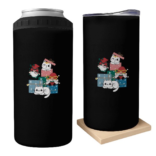 cute gnome and kitty cats on present gift box Can Coolers