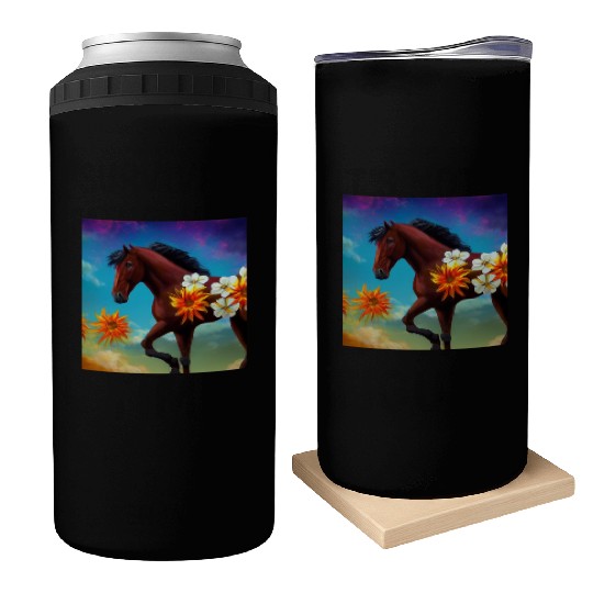 Brown horse with orange white flowers drawing Can Coolers