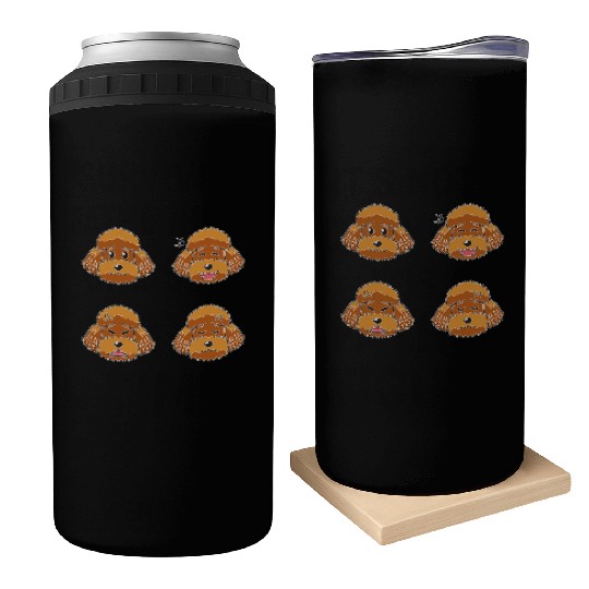 Funny Brown Poodle Dog Cartoon Faces Can Coolers