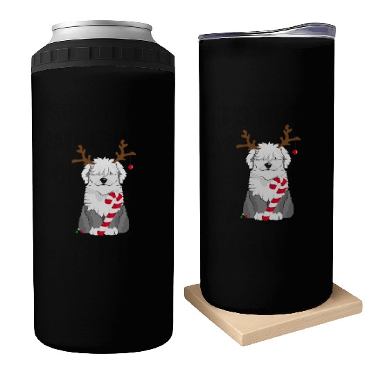 Bobtail dog with candy cane and reindeer antlers Can Coolers