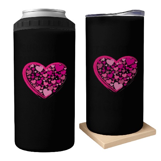 Cute Pink and Lilac Hearts in a Big Pink Heart Can Coolers