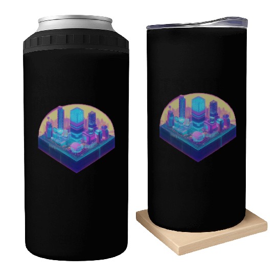 Small City Block - Isometric Style - Retro Sunset Can Coolers