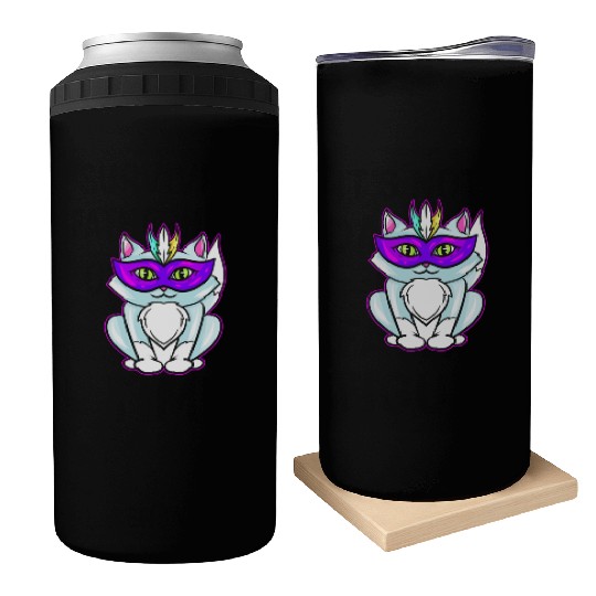Cute Kawaii Cat With Purple Mask For Mardi Gras Can Coolers