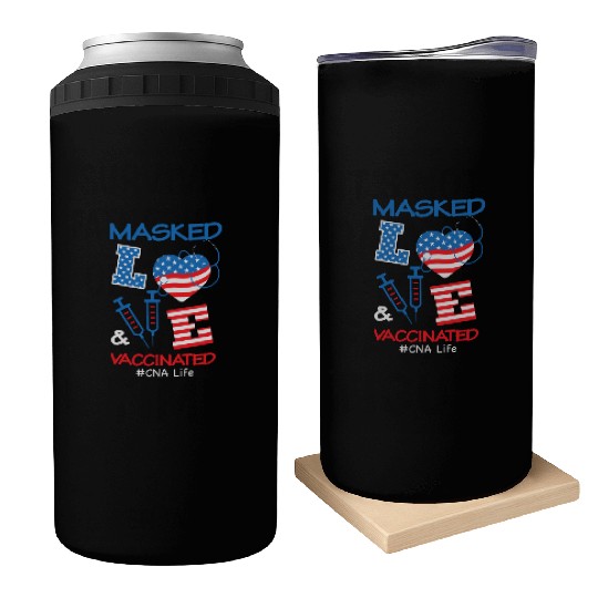 Masked LOVE Vaccinated USA Flag 4th of July Gifts Can Coolers
