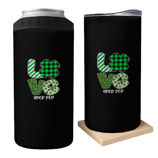 Love Pop Pop Green Plaid Leopard Shamrock Can Coolers