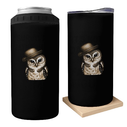 owl wearing derby hat - brown color Can Coolers
