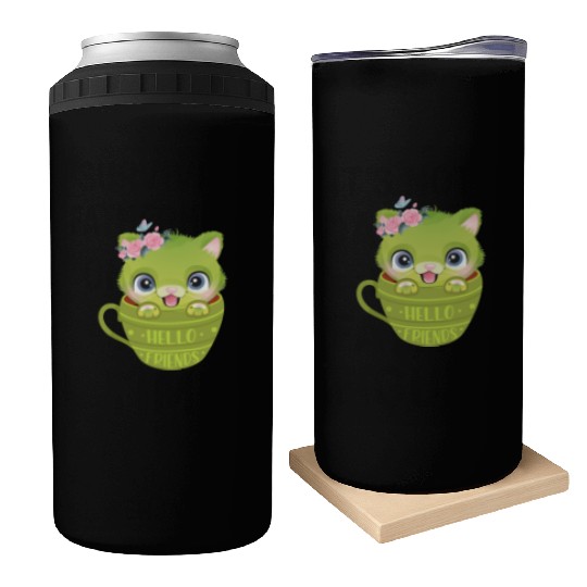 A Green Cute Cat In A Cup Is Greeting Patrick Day Can Coolers