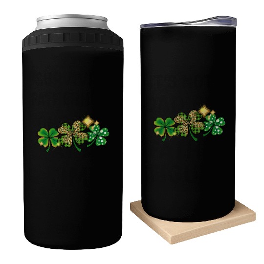 Happy Patricks Day With Leaf Green And Leopard Can Coolers