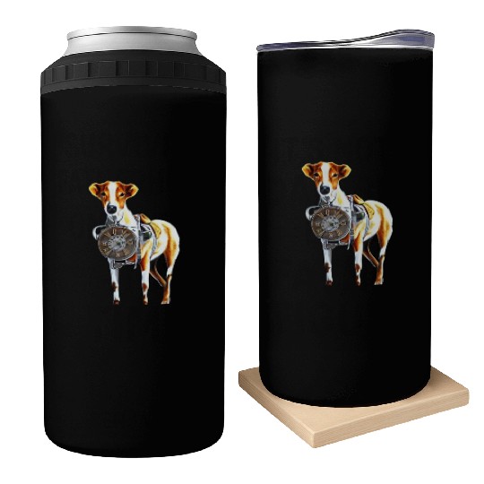 Brown White Greyhound Dog With Old Looking Clock Can Coolers