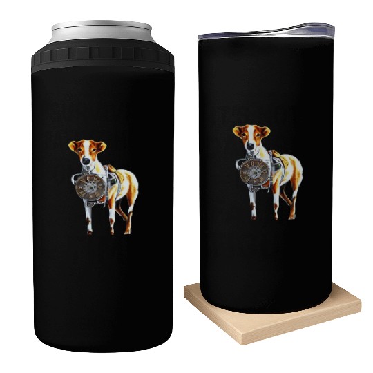 Brown White Greyhound Dog With Old Looking Clock Can Coolers