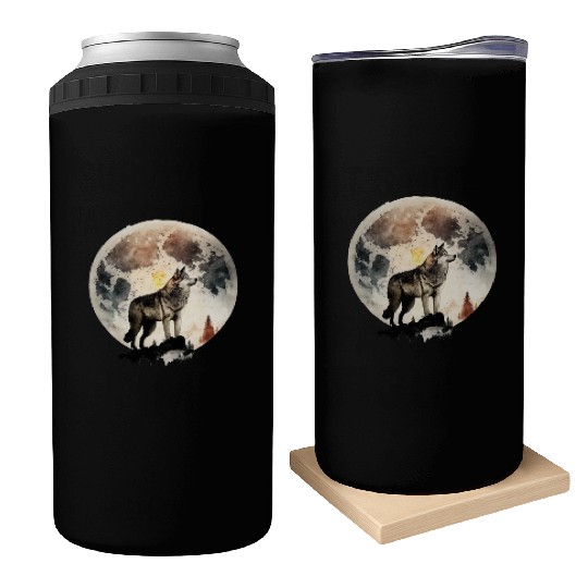 Wolf Moonlight Forest Wild Werewolf Watercolor 4 Can Coolers