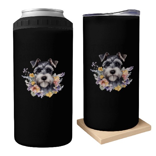 Schnauzer Dog Watercolor Floral Can Coolers
