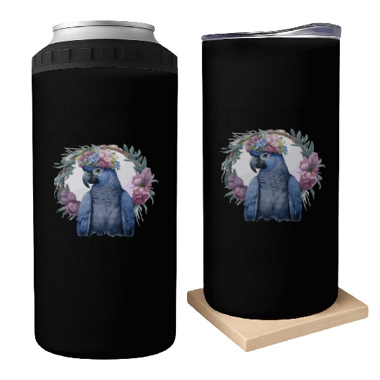 Watercolor Hyacinth Macaw Parrot Bird Flower Crown Can Coolers