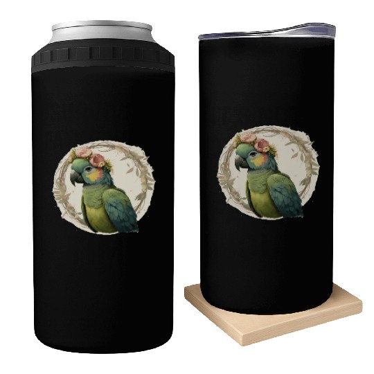 Watercolor Parrot Hahn's Macaw Bird Flower Crown P Can Coolers