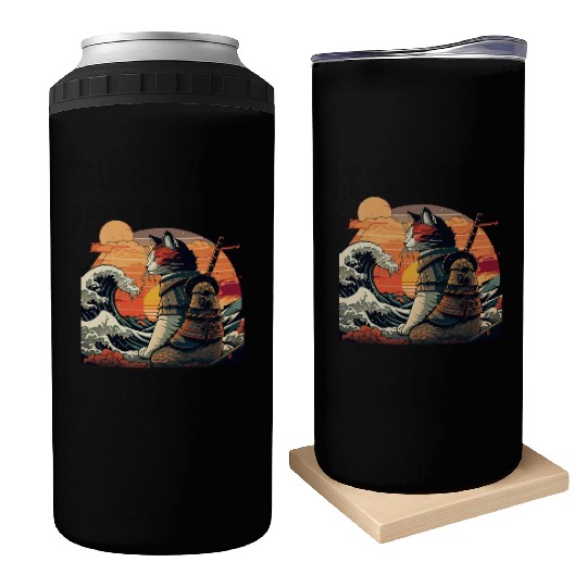 Retro samurai cat The Great Wave Hokusai Can Coolers