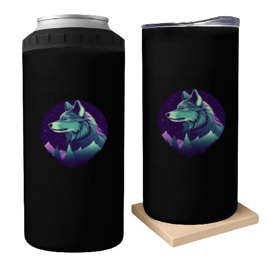 Starry Night Wolf With Northern Light Colors Can Coolers