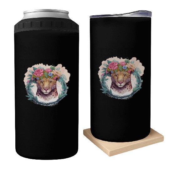 Jaguar Flower Crown Floral Watercolor Can Coolers