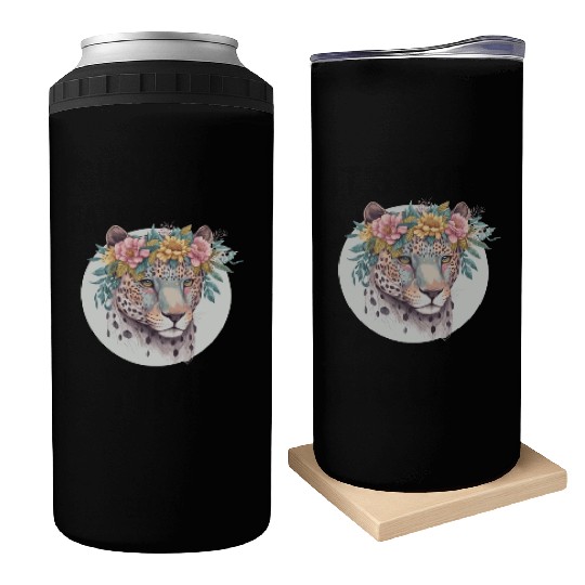 Floral Jaguar Flower Crown Watercolor Animal Can Coolers