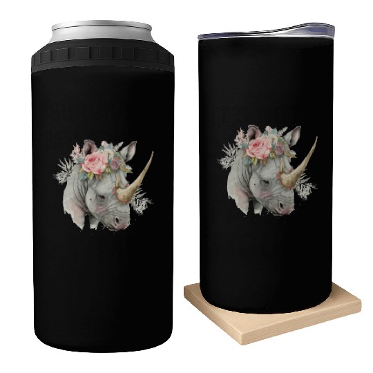 African Watercolor Rhinozeros Flower Crown Safari Can Coolers