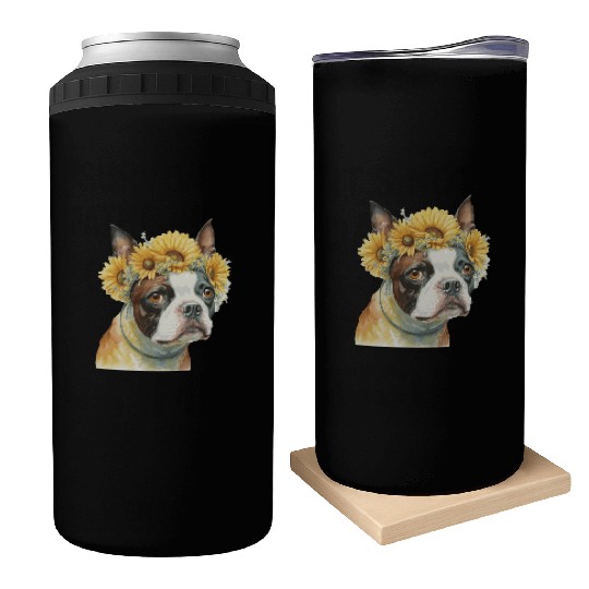 Cute Boston Terrier Sunflower Dog Breed Pet Puppy Can Coolers