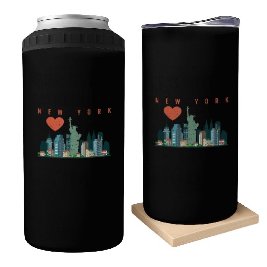 New York City Nyc Skyline Heart Distressed Style Can Coolers