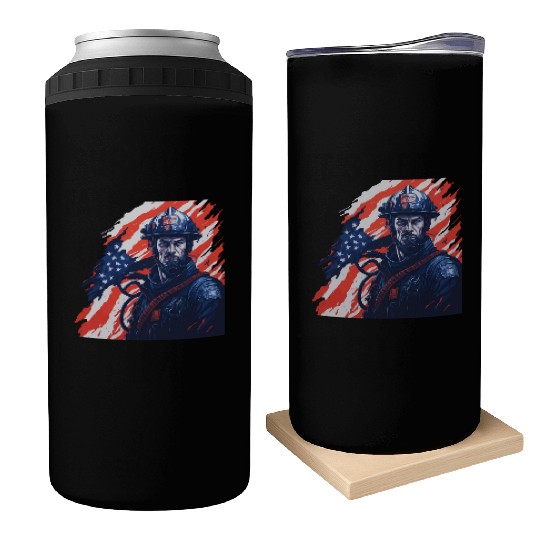 Firefighter USA Flag Design Can Coolers