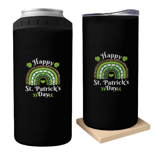 Happy St Patric Day Leopard Print Rainbow Can Coolers