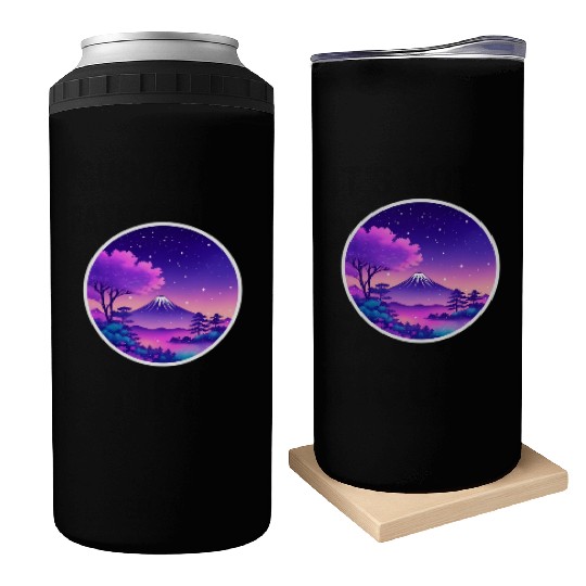 Japan Mount Fuji Night Sky Lo-Fi Art Retro Purple Can Coolers