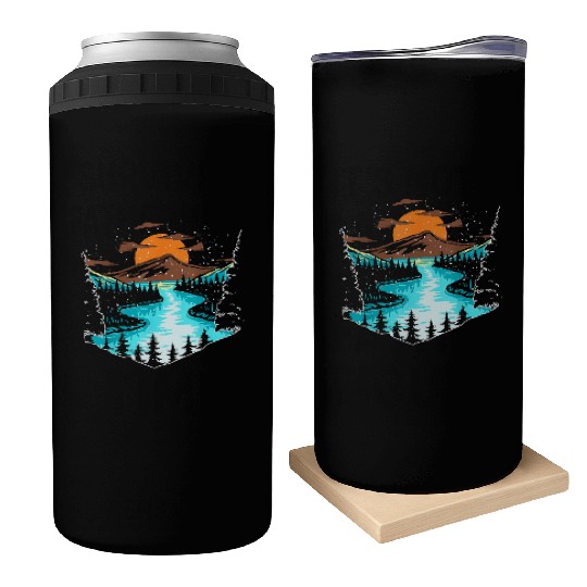 Wildlife Mountain River Outdoor Nature Full Moon Can Coolers